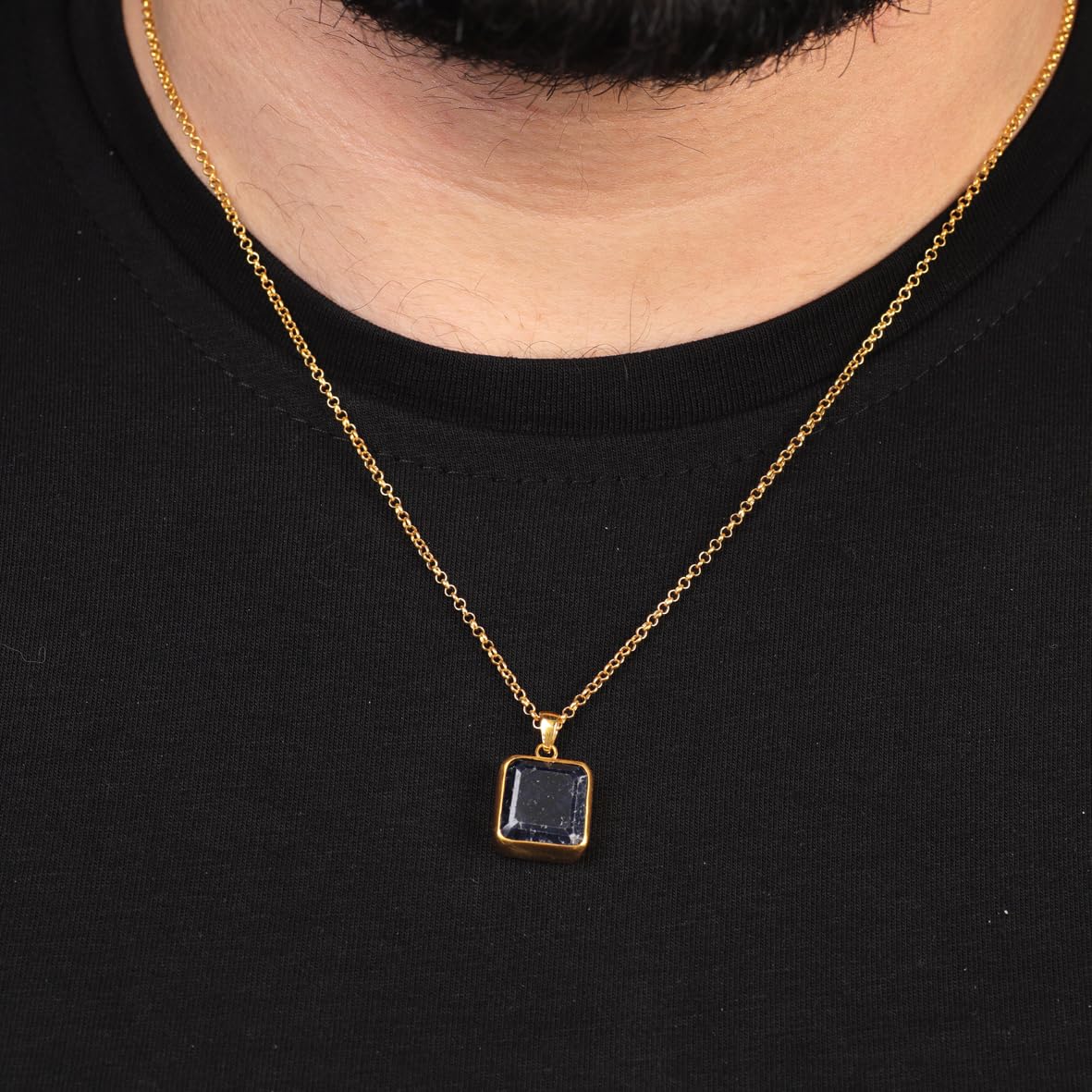 Sapphire Necklace for Men – Polished Gemstone Pendant in Sterling Silver & Gold Necklace Style w/ Silver Chain + Cleaning Cloth Gift