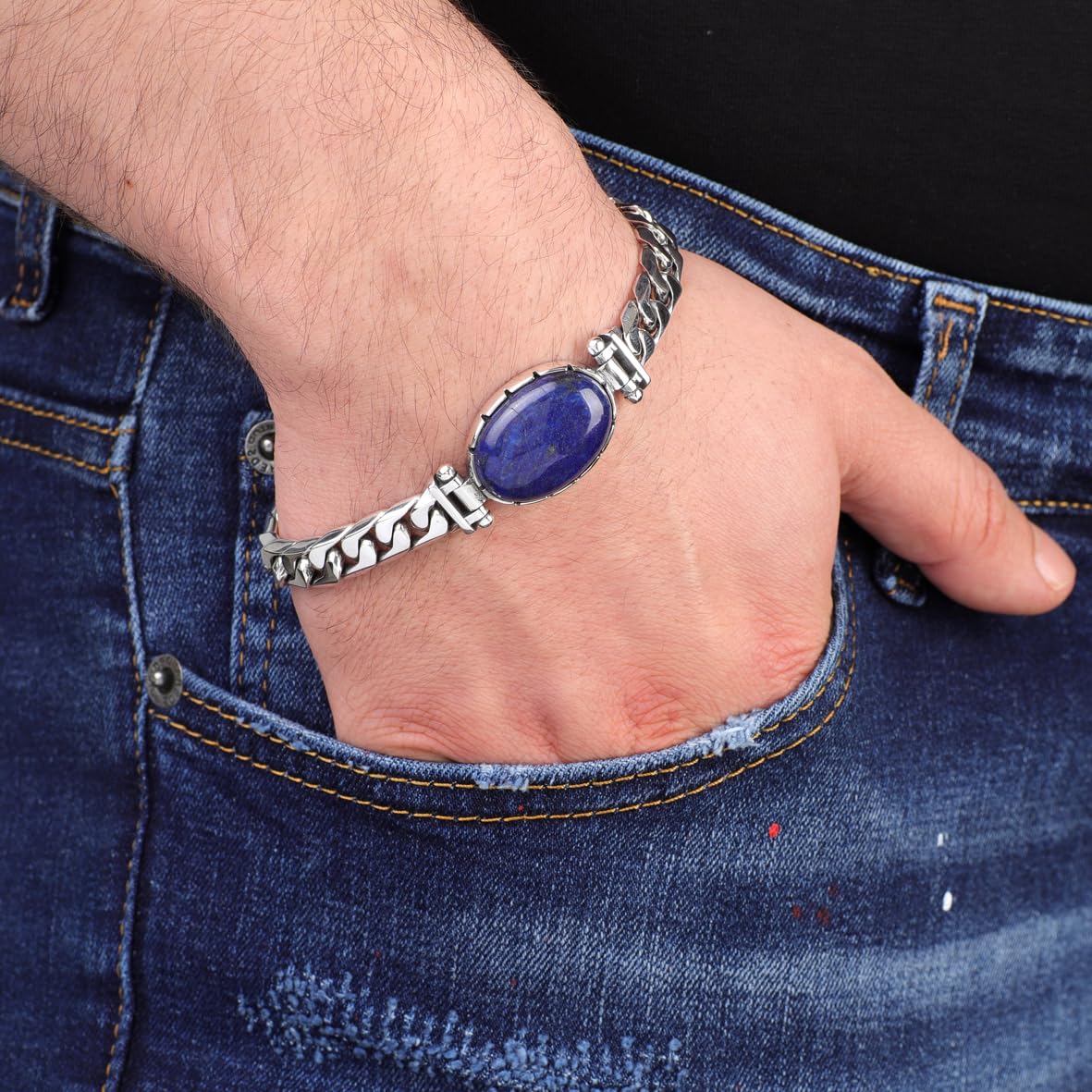 Lapis Lazuli Oval Stone Made to Order Gemstone 925 Sterling Silver Bracelet - Personalized Men's Gothic Vintage Handmade Chain Bracelet with Hand-Engraved Design