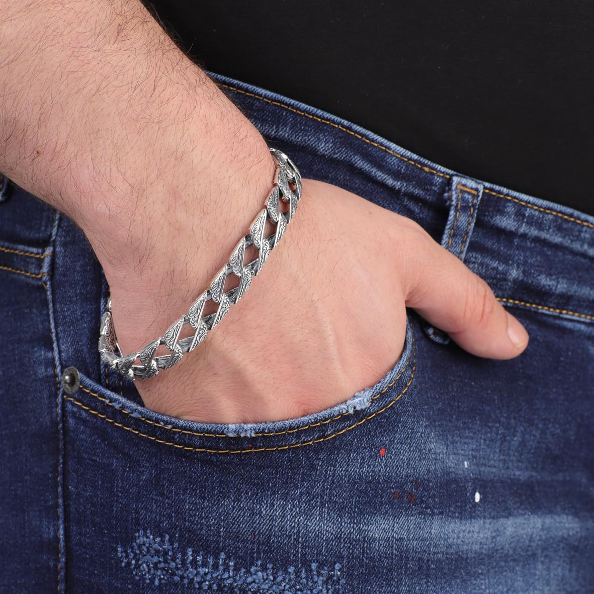 Made to Order Men's Gothic Vintage Pattern Hand-Engraved 925 Sterling Silver Chain Bracelet with Personalized Touch and Silver Polishing Cloth Gift
