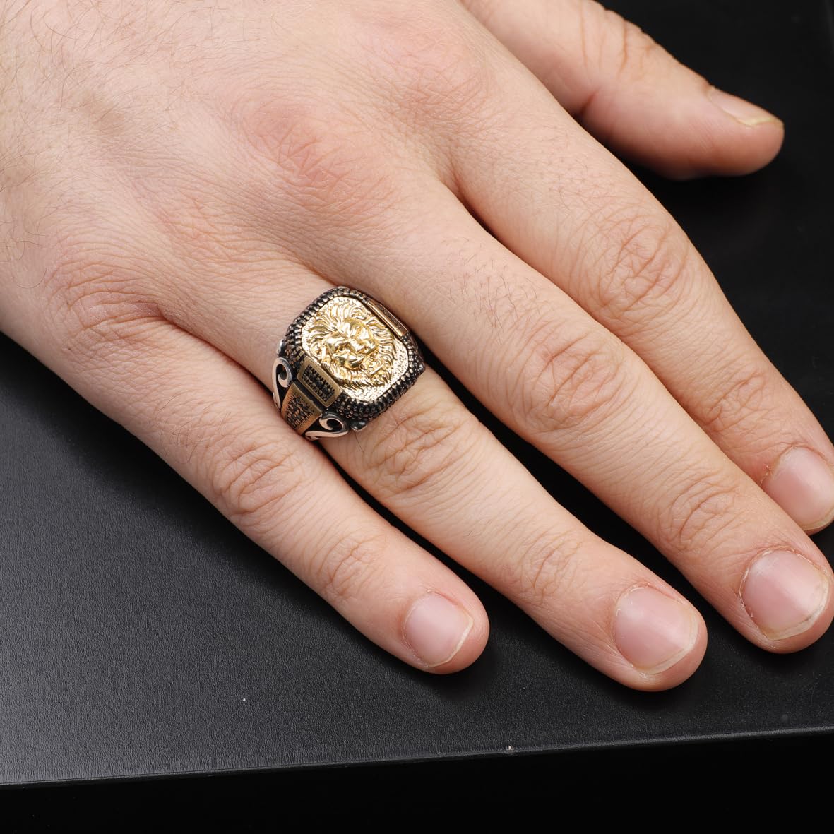 Handmade Lion Custom Signet Ring for Men - Micro Onyx Gemstone
