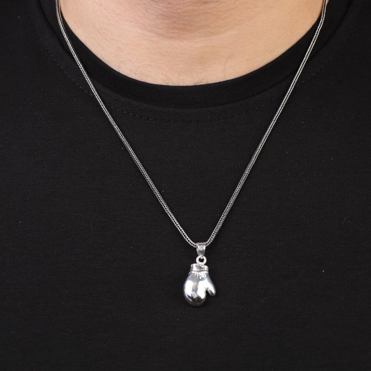 Sterling Silver Boxing Glove Necklace -Polished Fighter Pendant for Men