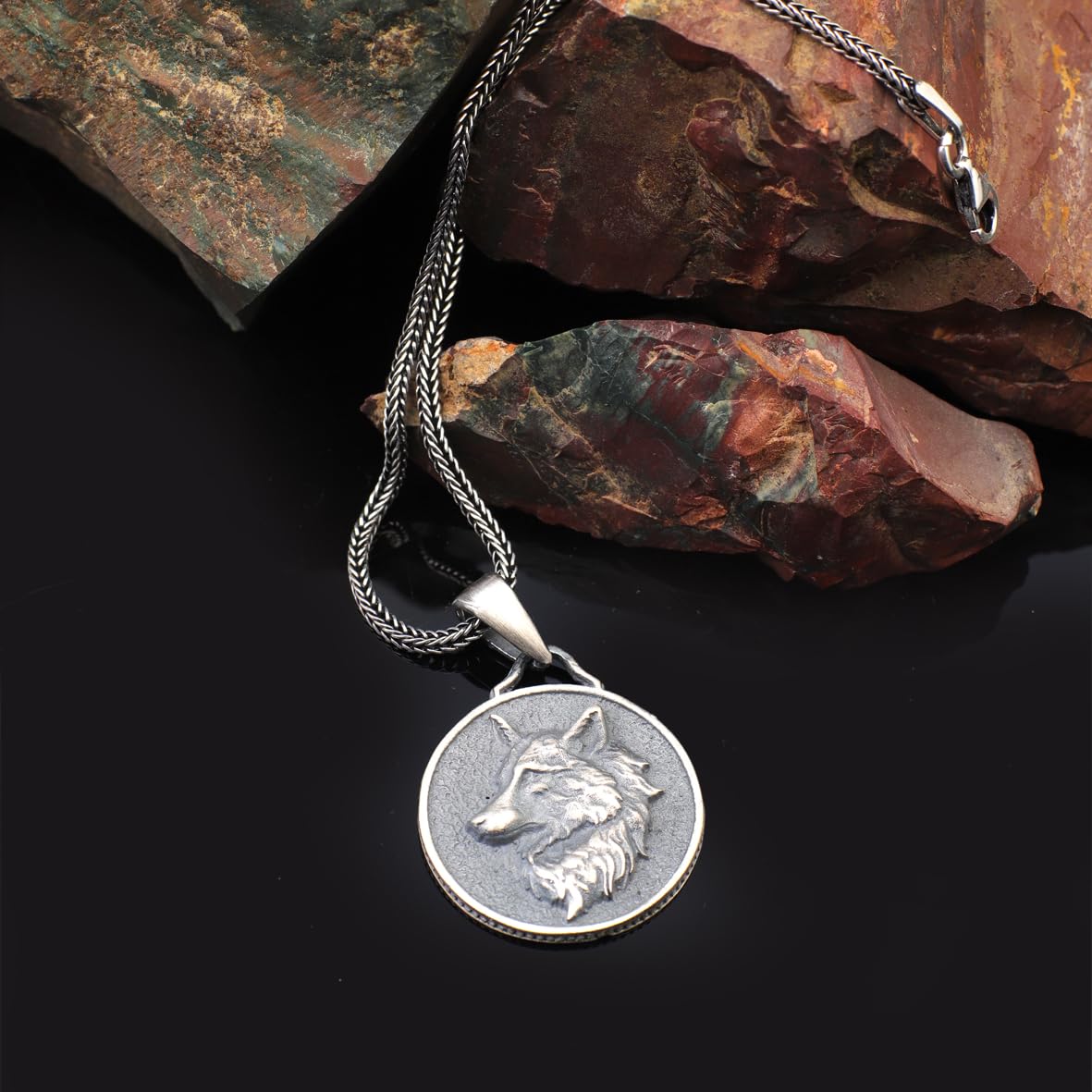 Sterling Silver Wolf Necklace - Gothic Biker Animal Pendant for Men with Silver Chain & Cleaning Cloth Gift - Men’s Wolf Pendant Necklace