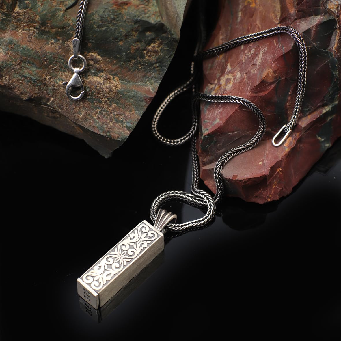 Sterling Silver Prayer Box Necklace – Polished Oil Pendant Necklace – Mens Chain & Pendant – Silver Necklace with Silver Chain