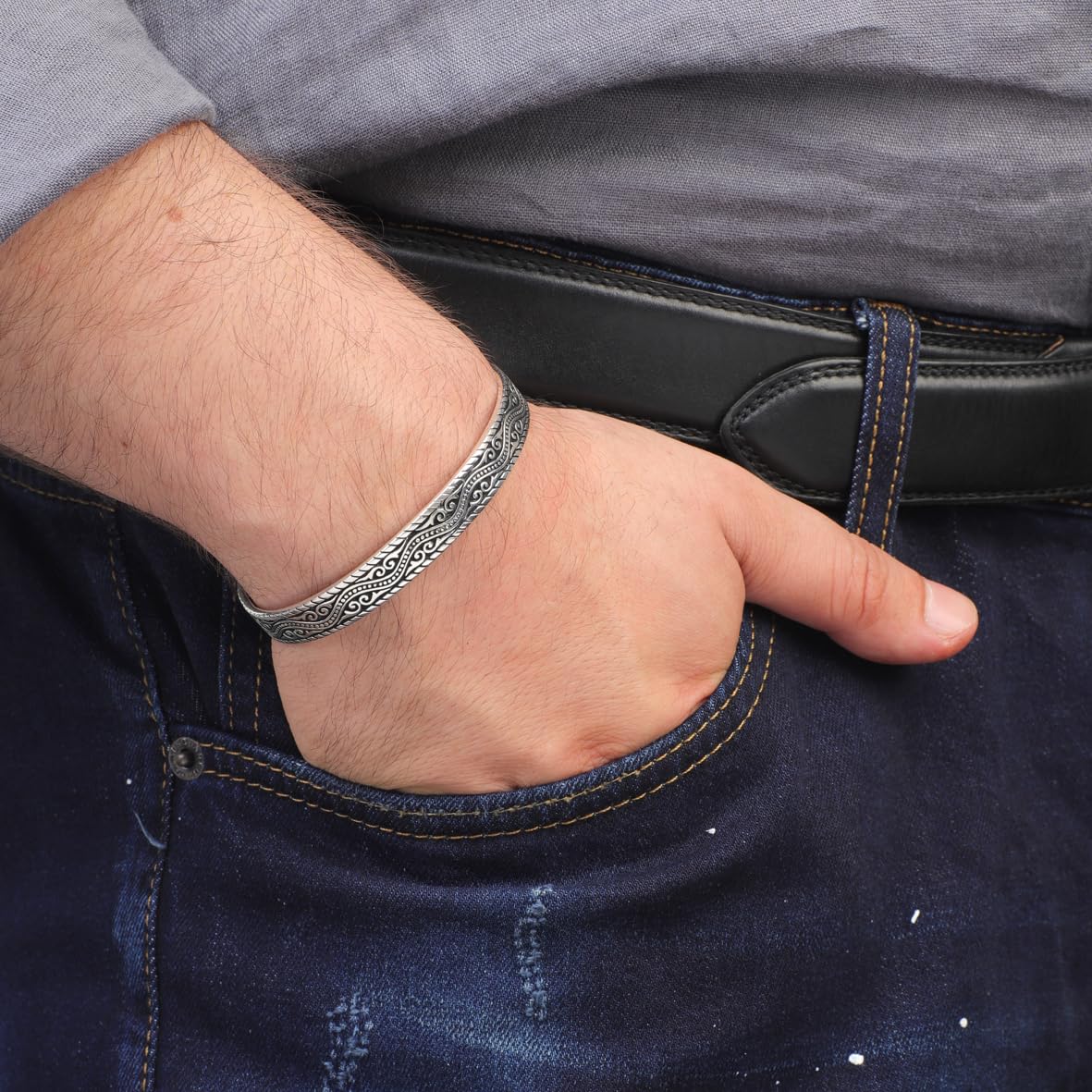 Hand-Engraved Thick Silver Band Bracelet for Men – Handmade Sterling Silver Cuff