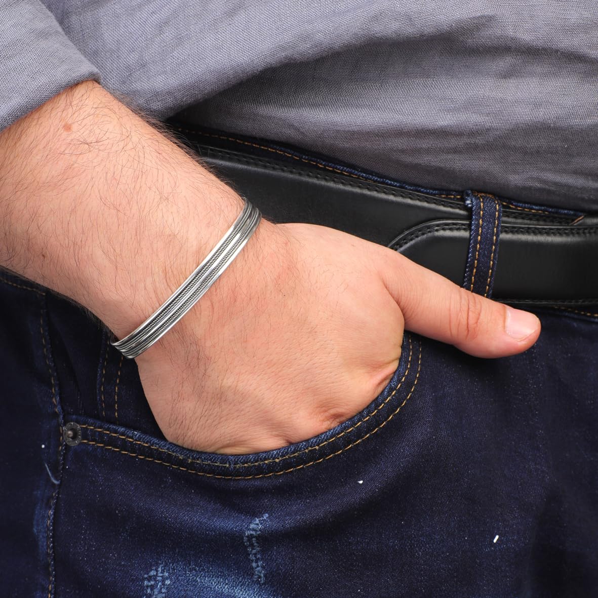 Hand-Engraved Thick Silver Band Bracelet for Men – Handmade Sterling Silver Cuff