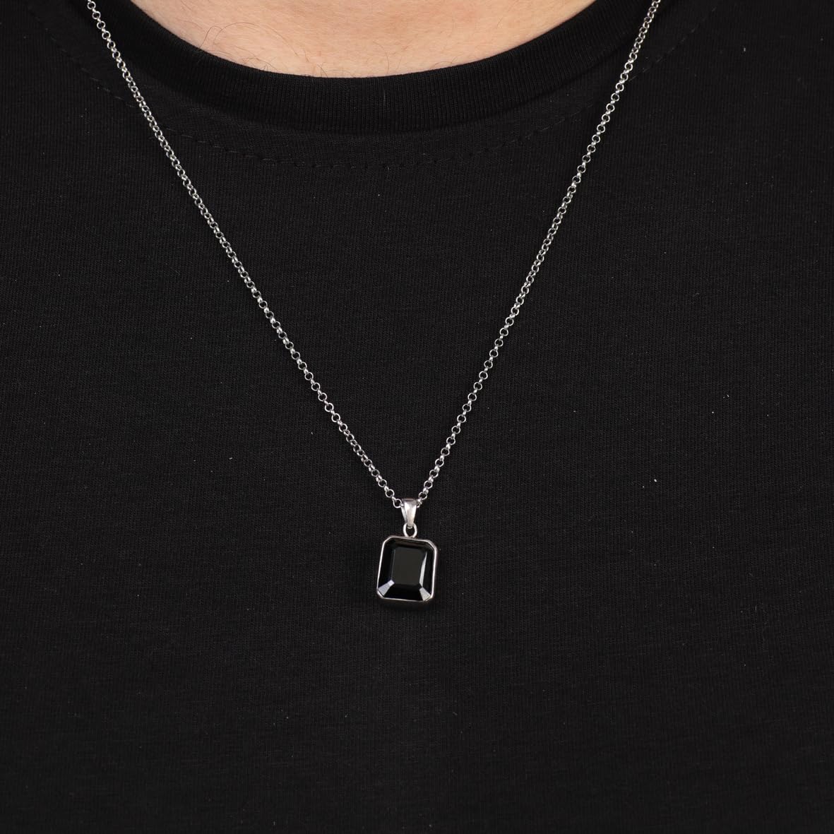 Onyx Necklace Men’s Pendant in Sterling Silver – Gemstone Necklace with Polished Finish