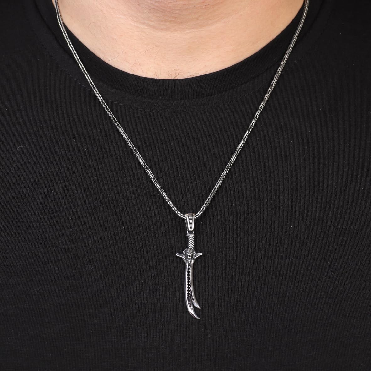 Sterling Silver Sword & Lion Necklace – Gothic Biker Mens Pendant on Silver Chain – Polished Silver Necklace + Cleaning Cloth Gift