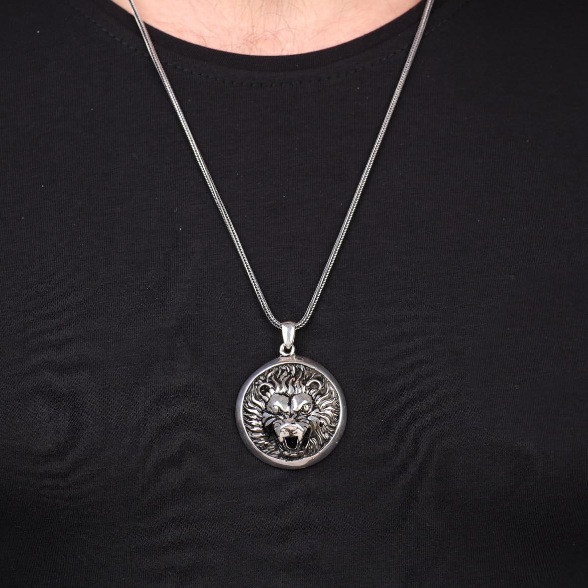 Sterling Silver Lion Necklace for Men - Lion Head Pendant Necklace for Men - Mens Silver Chain - Birthday Gifts