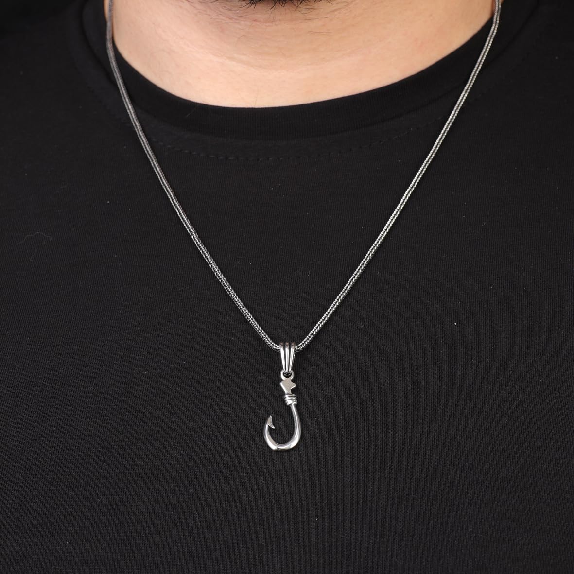 Sterling Silver Fishing Needle Necklace – Polished Hook Pendant – Biker Mens Necklace with Silver Chain & Silver Cleaning Cloth Gift