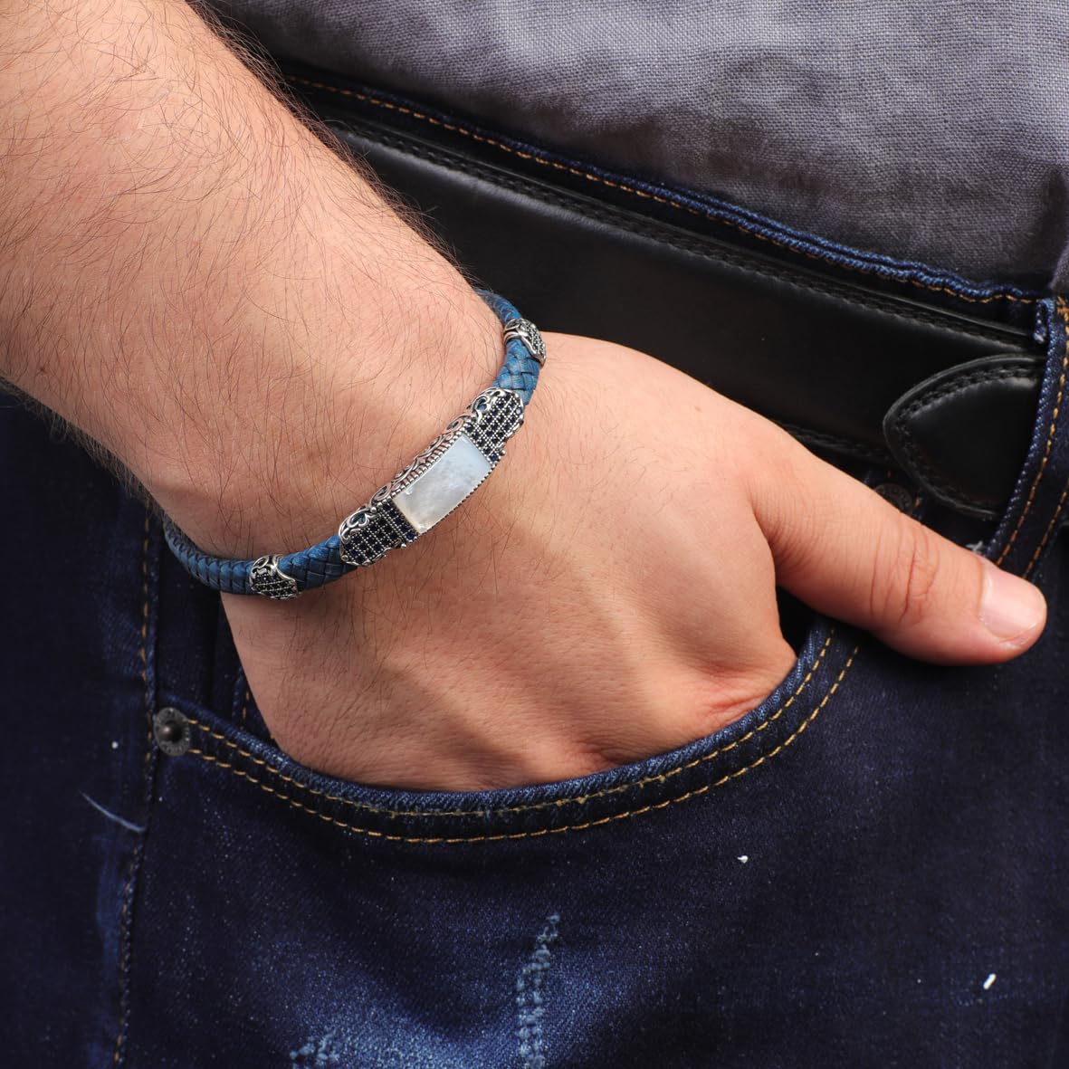 Vintage Men’s Bracelet – Handmade Leather and Sterling Silver Bracelet with Natural Mother of Pearl Gemstone