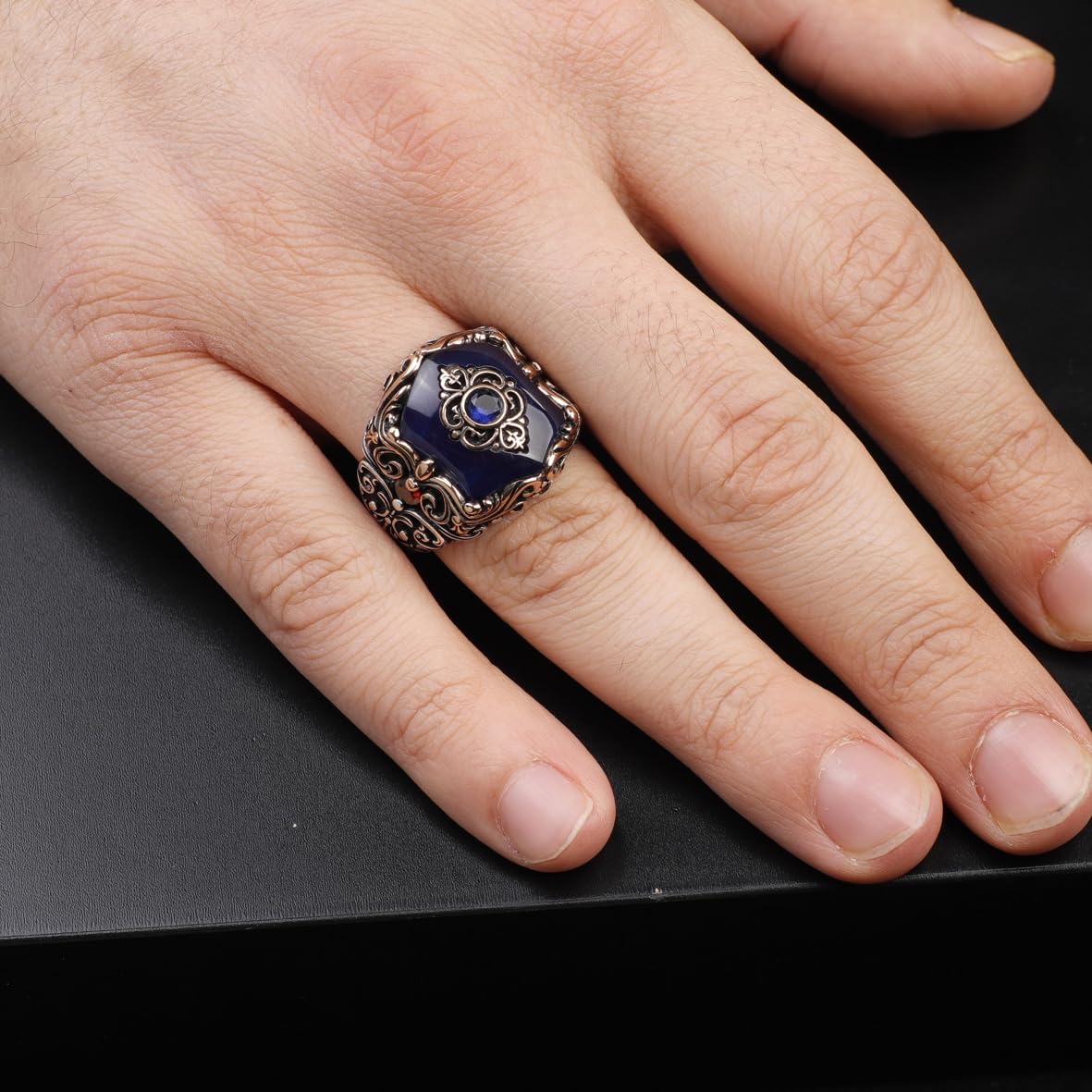 925 Sterling Silver Men's Ring - Handmade Ottoman Style Sapphire Gemstone Jewelry with Unique Design