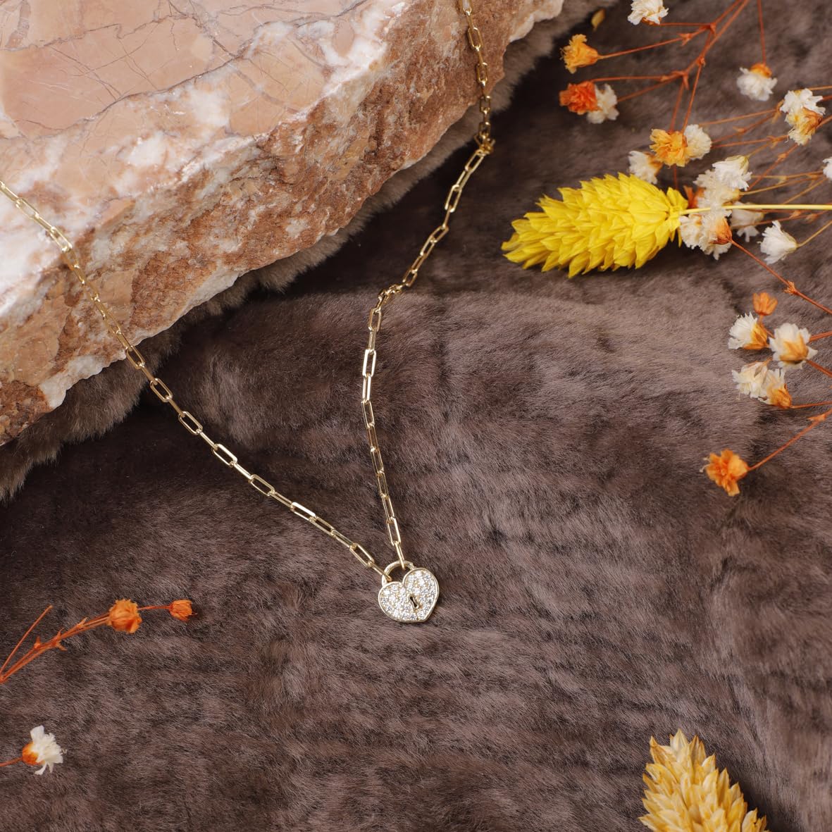 Sterling Silver Heart Necklace and Lock - Cute Heart Necklace and Lock in Gold Jewelry - Gold Plated Heart Necklace Aesthetic Charm - Aesthetic Gold Plated Heart and Lock Necklace
