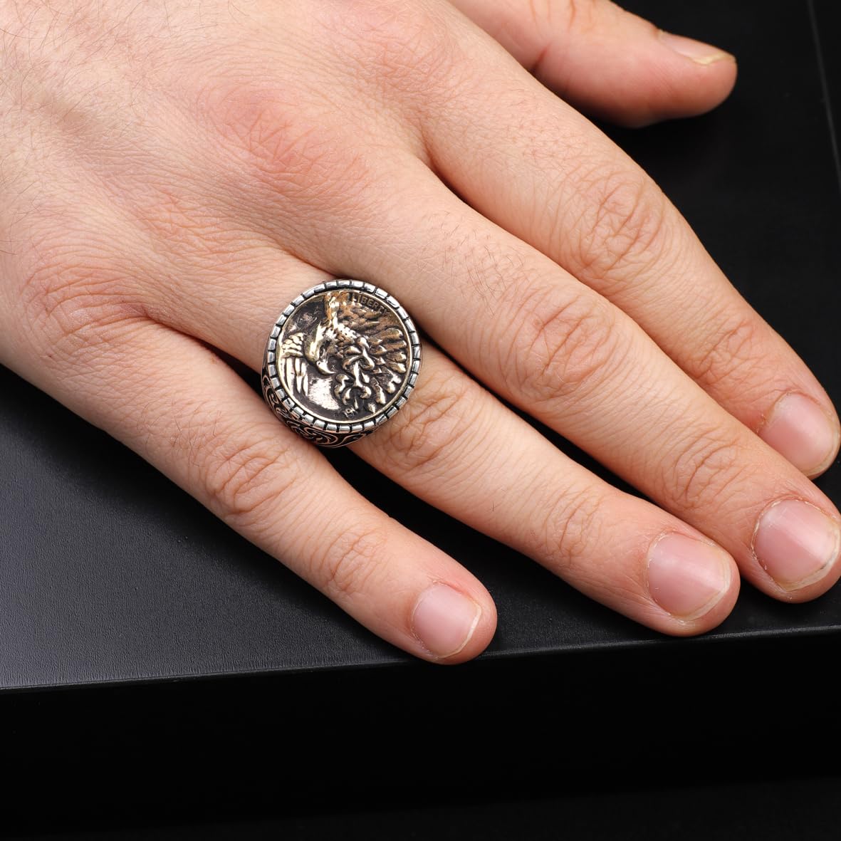925 Sterling Silver Men's Ring - Handmade Eagle Signet Design for Bikers with Custom Animal Motif - Ring with Silver Polishing Cloth Gift