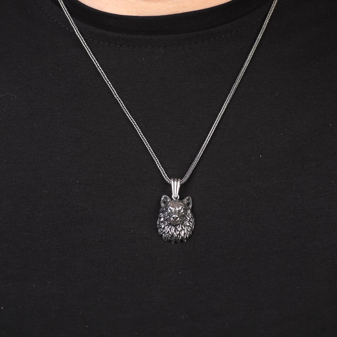 Wolf Pendant Necklace – Sterling Silver Gothic Animal Jewelry – Biker Mens Necklace with Silver Chain & Free Cleaning Cloth