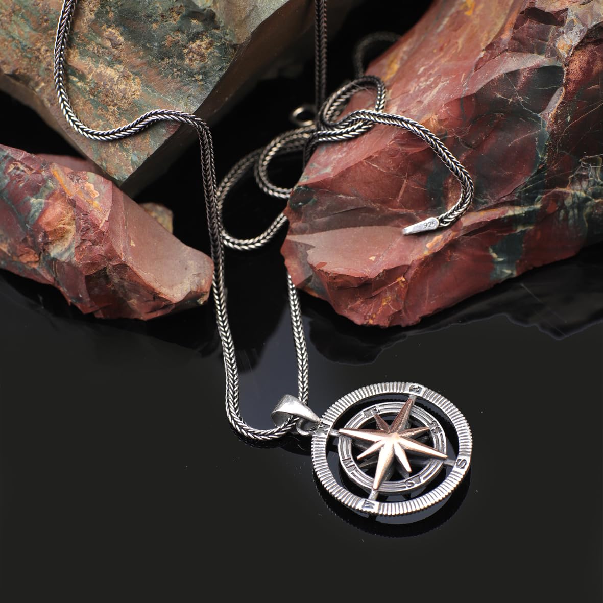 Sterling Silver Compass Necklace – Gothic Polished Mens Pendant – Biker Necklace with Silver Chain – Unique Mens Necklace