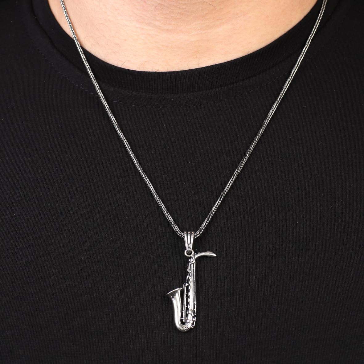Sterling Silver Saxophone Necklace - Polished Mens Pendant with Silver Chain - Gothic Biker Necklace - Includes Silver Cleaning Cloth Gift