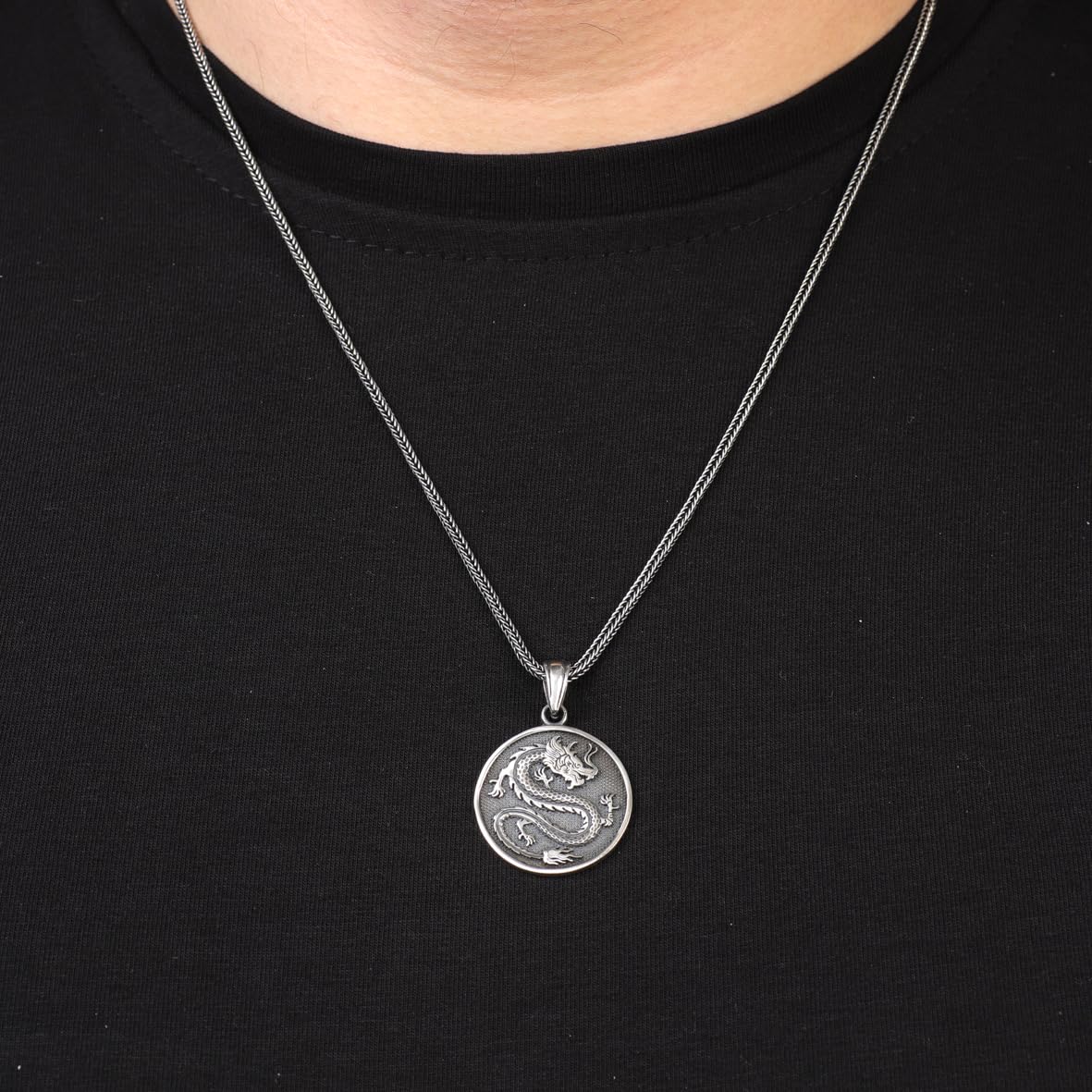 Handcrafted Sterling Silver Dragon Necklace – Mens Pendant with Silver Chain – Gothic and Biker Silver Necklace –Silver Cleaning Cloth Gift