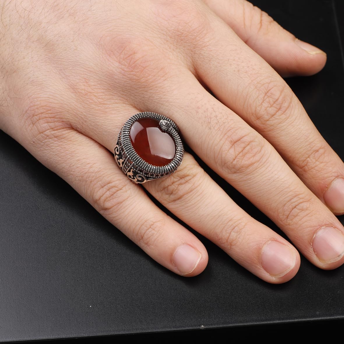 Handmade 925 Sterling Silver Snake Ring with Carnelian Gemstone - Men's Jewelry