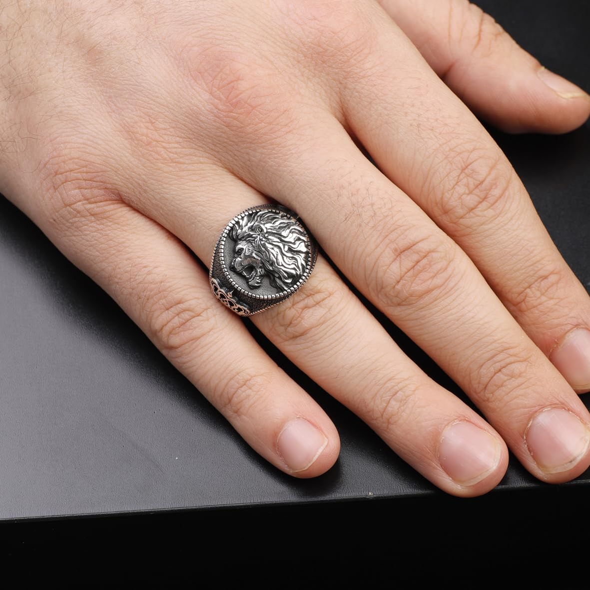 Men's Handmade Lion Signet Ring - Biker Jewelry in 925 Sterling Silver