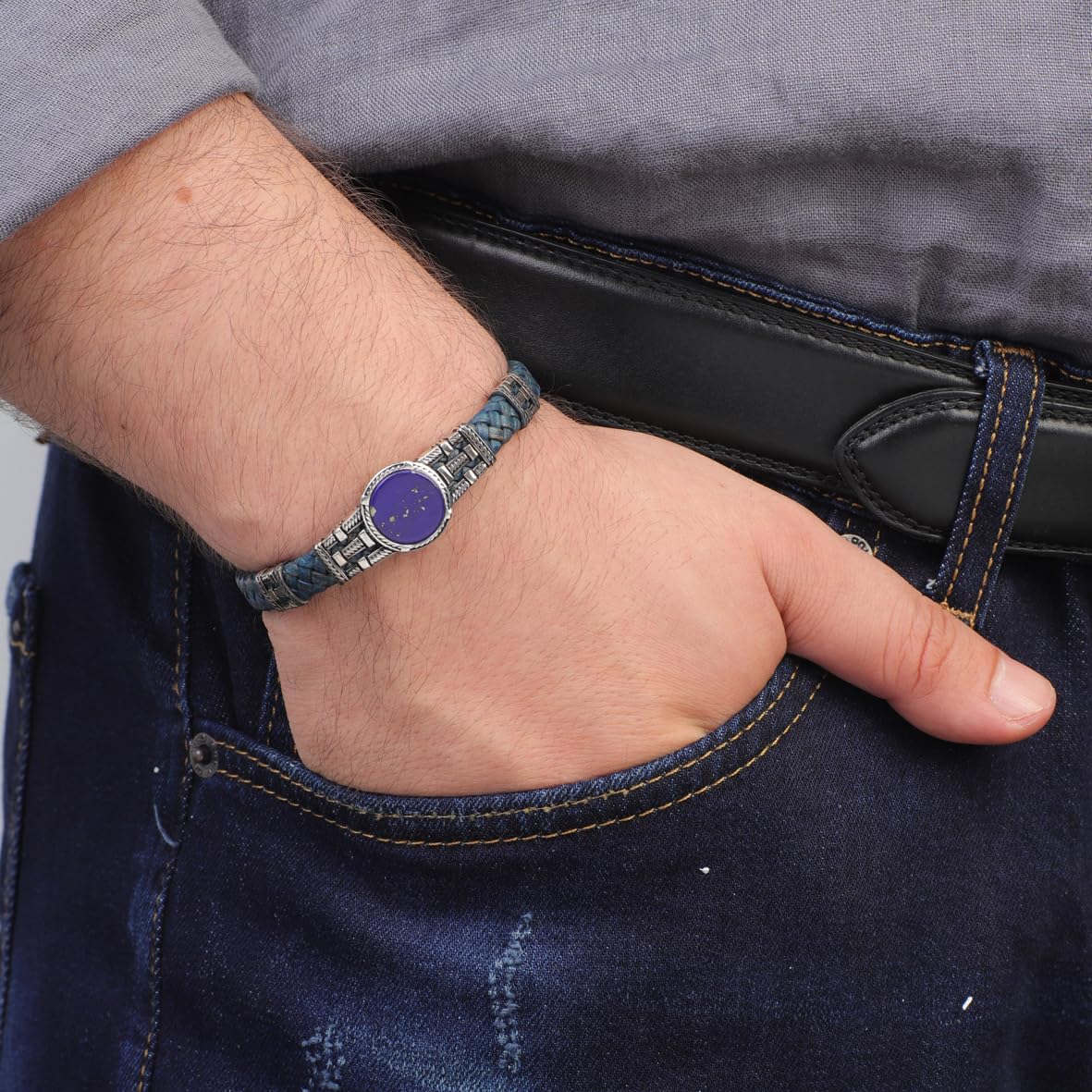 Handmade Men Leather Bracelet – Sterling Silver Bracelet with Natural Lapis Lazuli Stone – Vintage Style