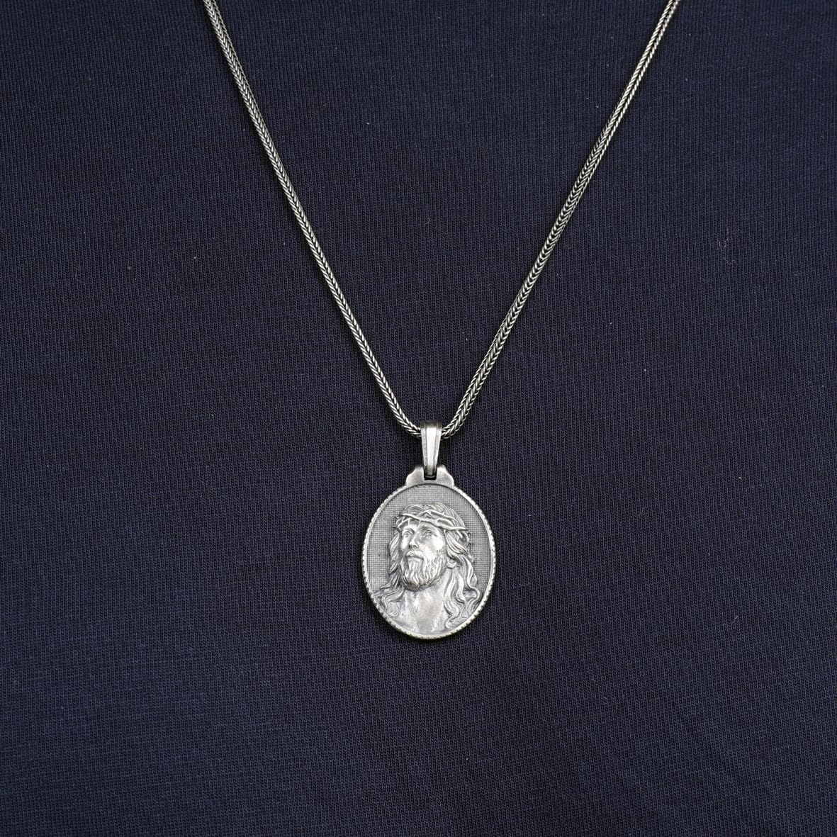 Handmade Jesus Necklace - Christian Sterling Silver Necklace for Men with Gothic Oxidized Chain and Silver Polishing Cloth Gift