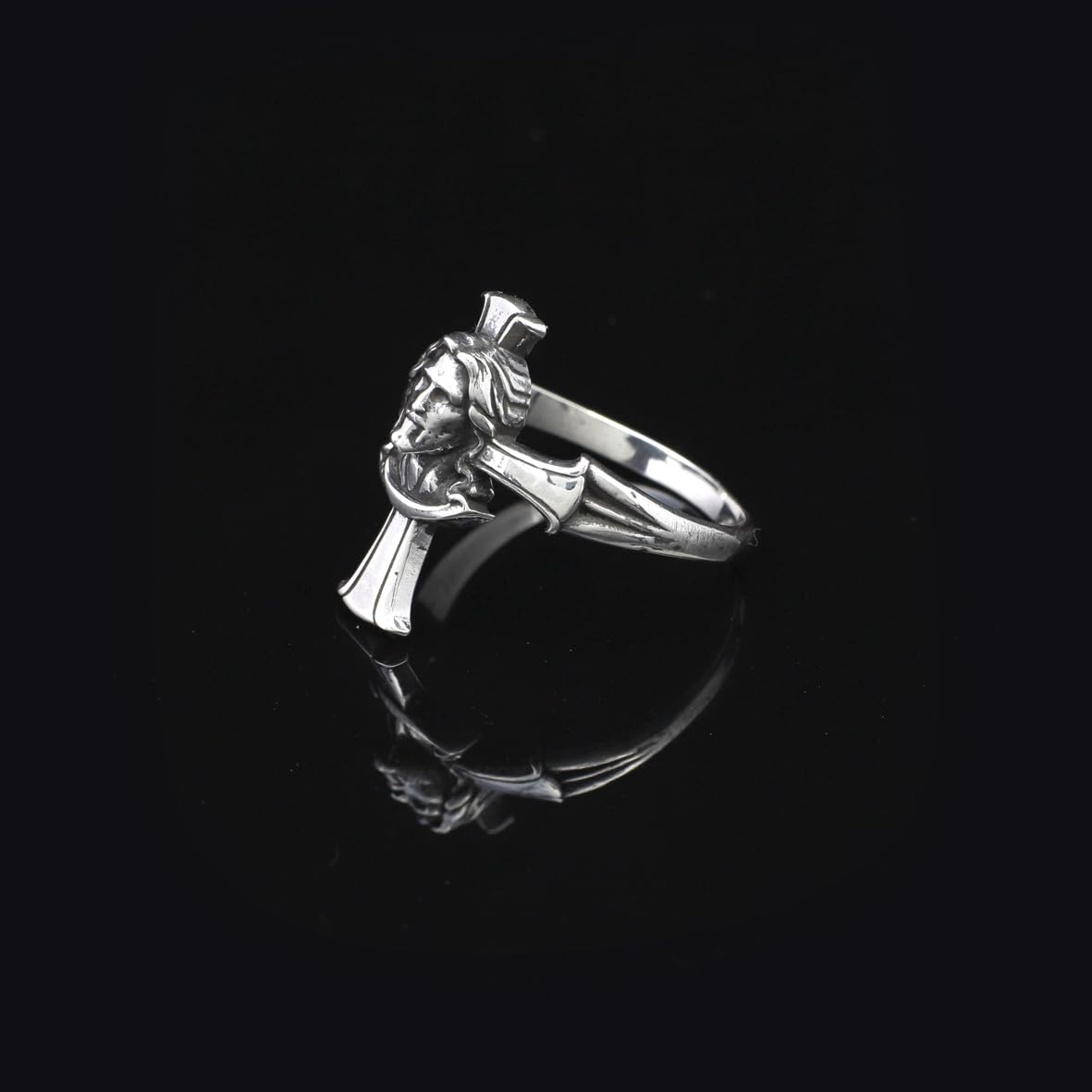 Handmade Cross Jesus Ring - 925 Sterling Silver Men's Christian Jewelry with Silver Polishing Cloth Gift