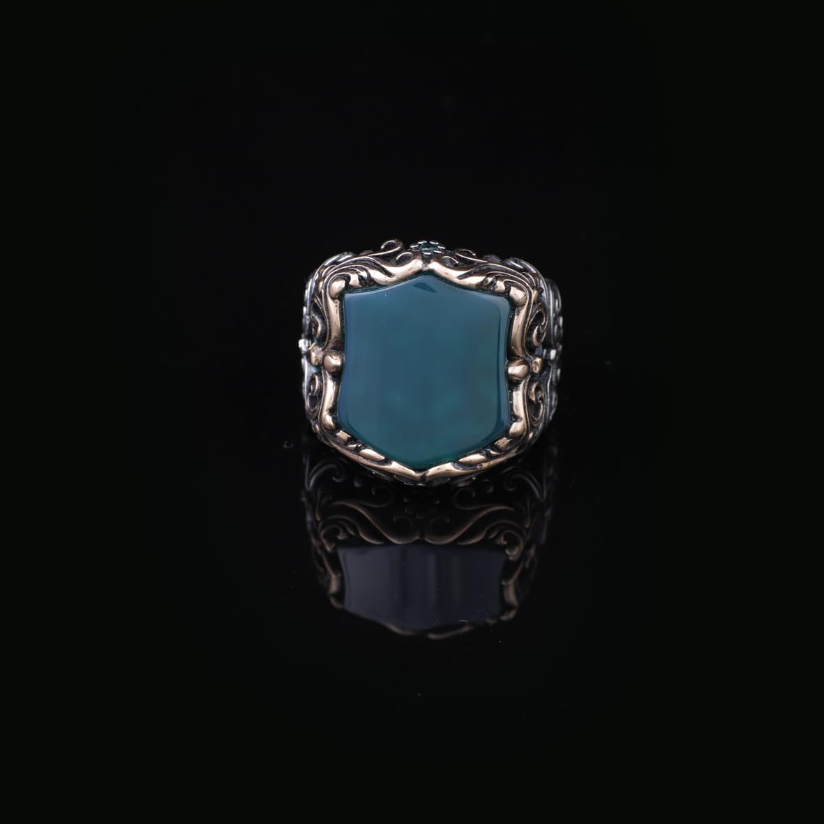 Handmade Jade Ring in Ottoman Style - 925 Sterling Silver Men's Gemstone Jewelry