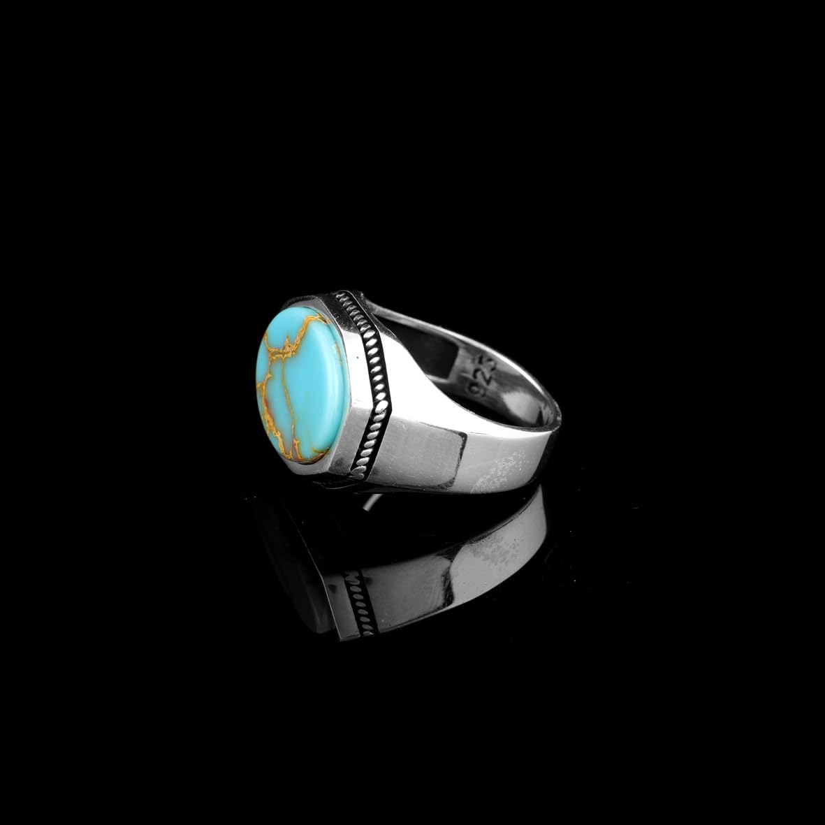 Mens Turquoise Pinky Signet Ring – Handmade Vintage Gemstone Sterling Silver Ring with Custom Engraving – Engagement Rings for Men + Gift Silver Polishing Cloth