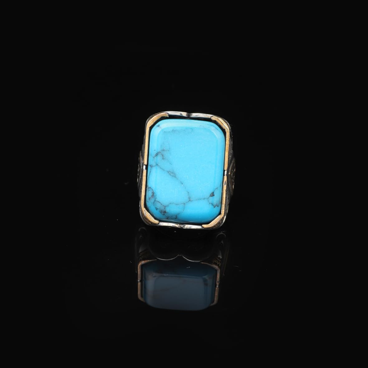 Turquoise Ring - Large Gemstone Ottoman Vintage Handmade 925 Sterling Silver Men's Ring with Silver Polishing Cloth Gift