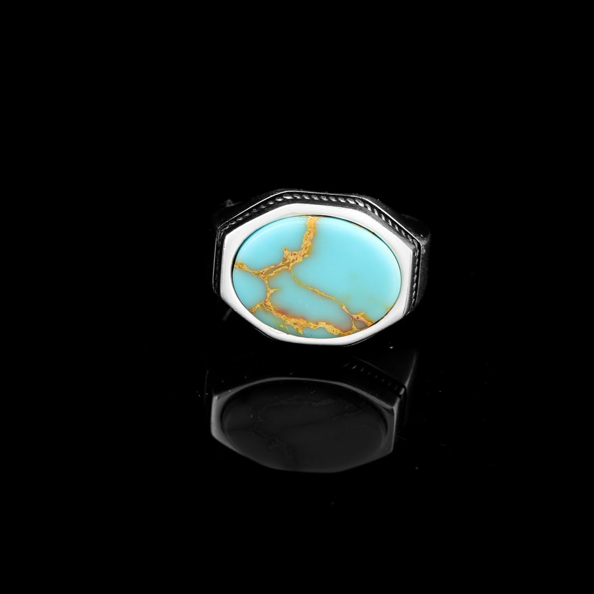 Mens Turquoise Pinky Signet Ring – Handmade Vintage Gemstone Sterling Silver Ring with Custom Engraving – Engagement Rings for Men + Gift Silver Polishing Cloth