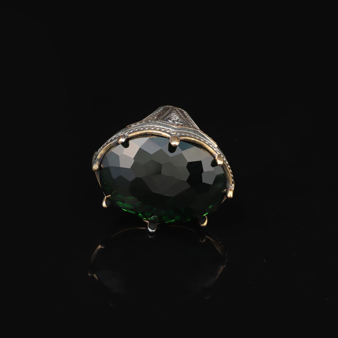Emerald Ring -Oval Stone Large Gemstone Ring Ottoman Men Vintage Handmade 925 Sterling Silver Rings for Men with Silver Polishing Cloth Gift
