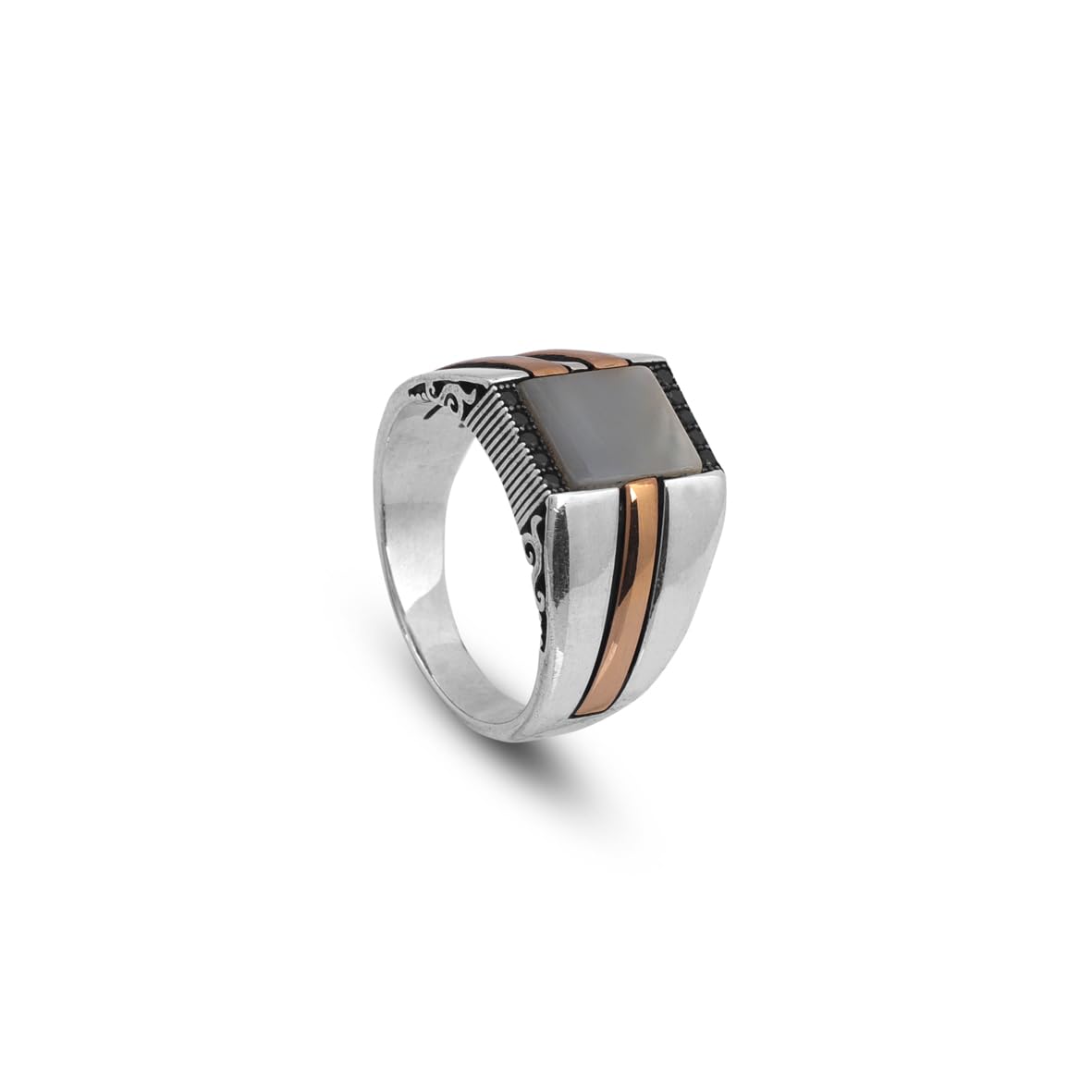 Handmade Mother of Pearl Gemstone Signet Pinky Ring - Vintage 925 Sterling Silver Men's Engagement Ring - Polished Finish with Custom Engraving & Silver Polishing Cloth Gift