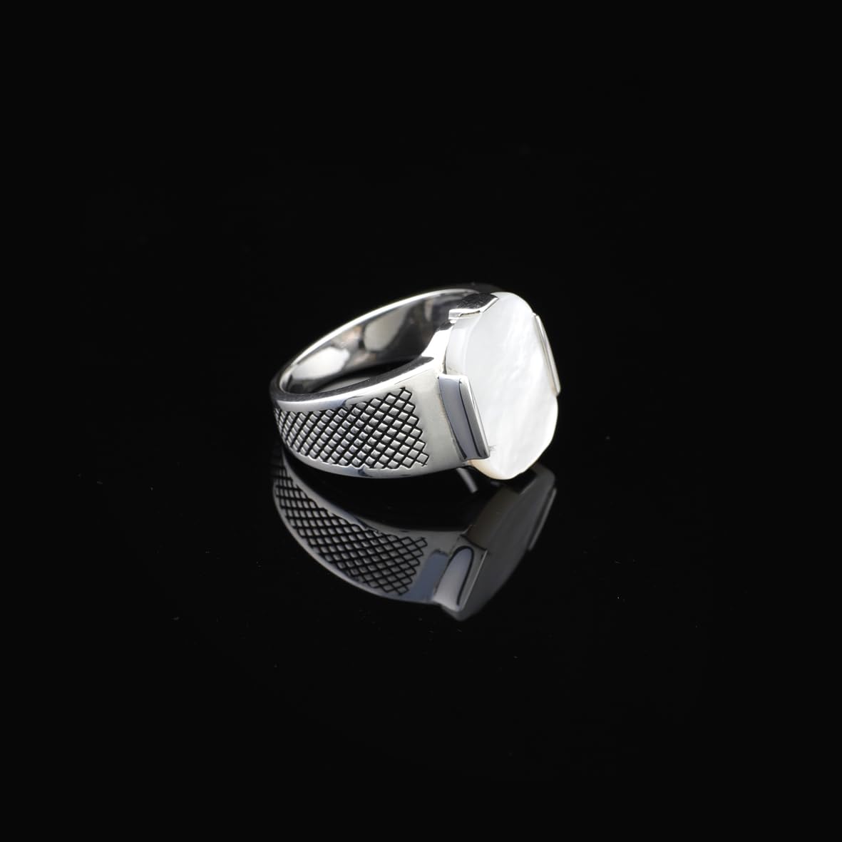 Handmade Mother of Pearl Pinky Ring - 925 Sterling Silver Men's Gemstone Ring with Polishing Cloth Gift