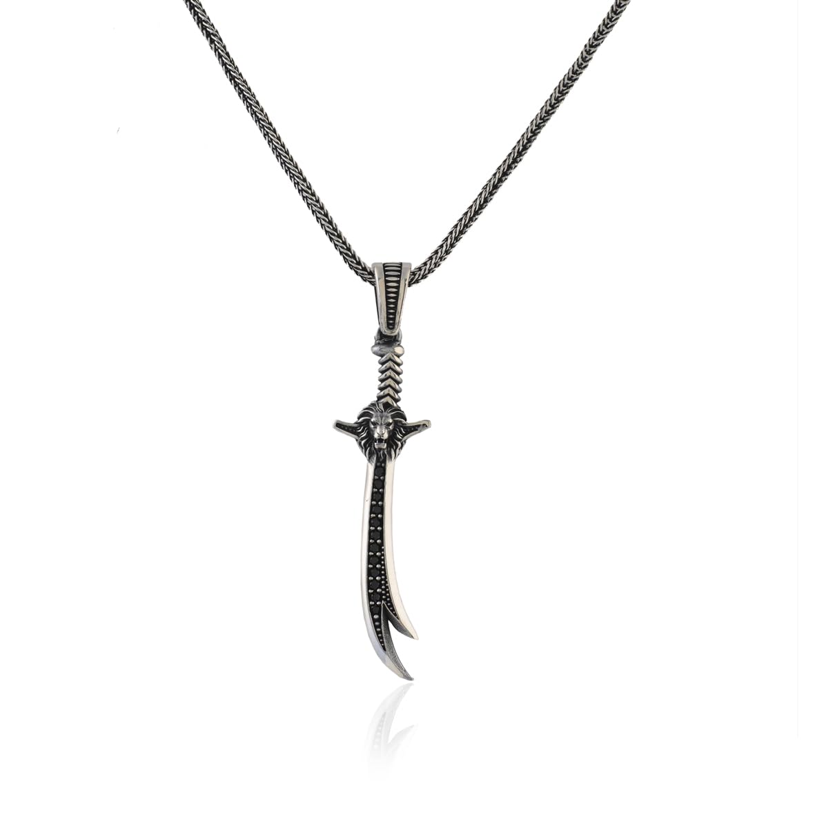 Sterling Silver Sword & Lion Necklace – Gothic Biker Mens Pendant on Silver Chain – Polished Silver Necklace + Cleaning Cloth Gift