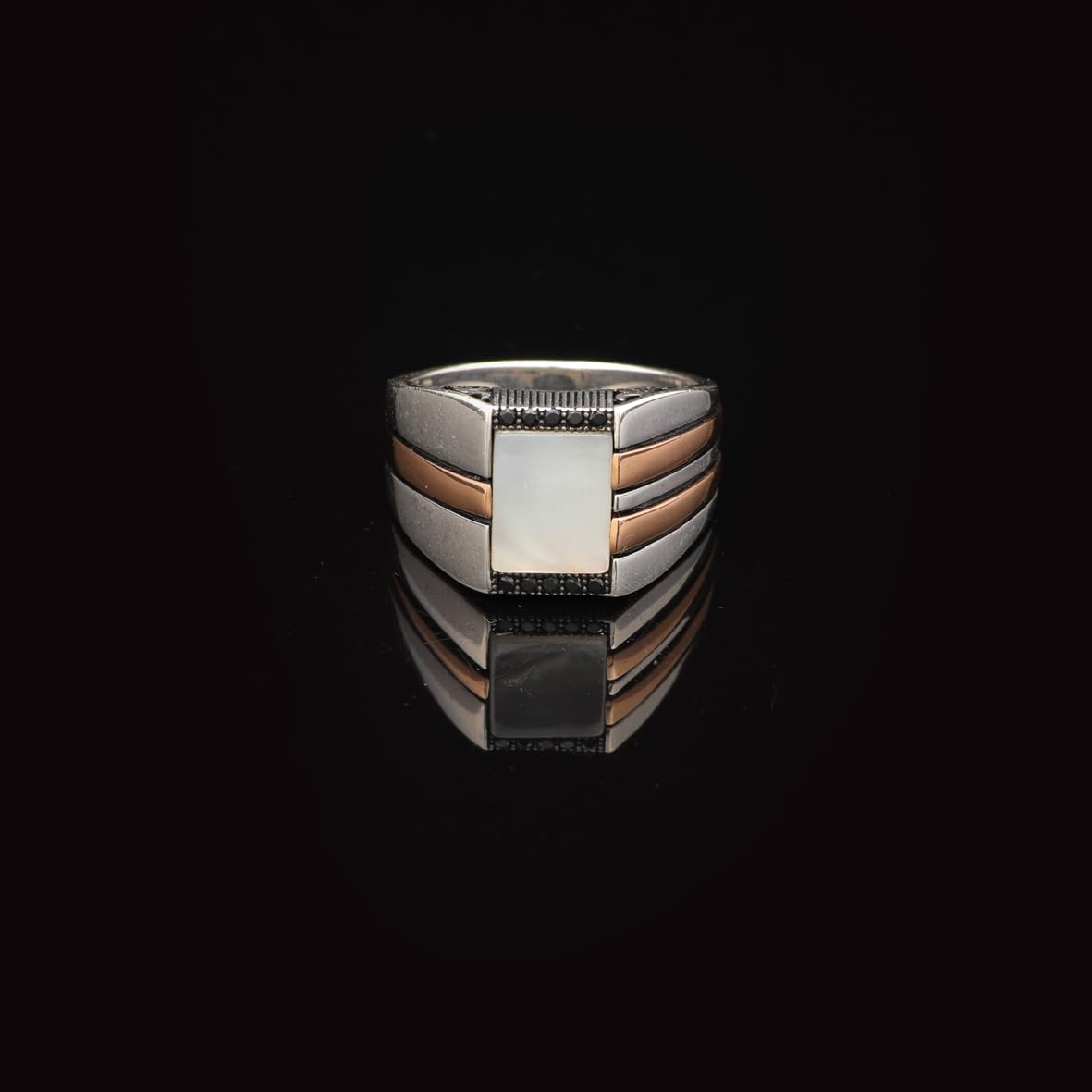 Handmade Mother of Pearl Gemstone Signet Pinky Ring - Vintage 925 Sterling Silver Men's Engagement Ring - Polished Finish with Custom Engraving & Silver Polishing Cloth Gift