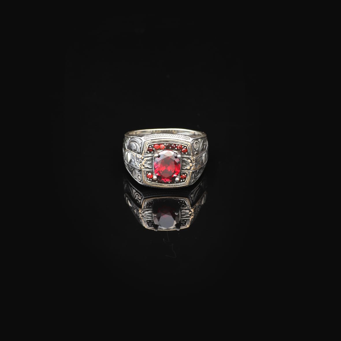 Vintage Garnet Ring for Men - Handmade Turkish 925 Sterling Silver Engagement Ring with Polished Gemstone and Silver Polishing Cloth Gift