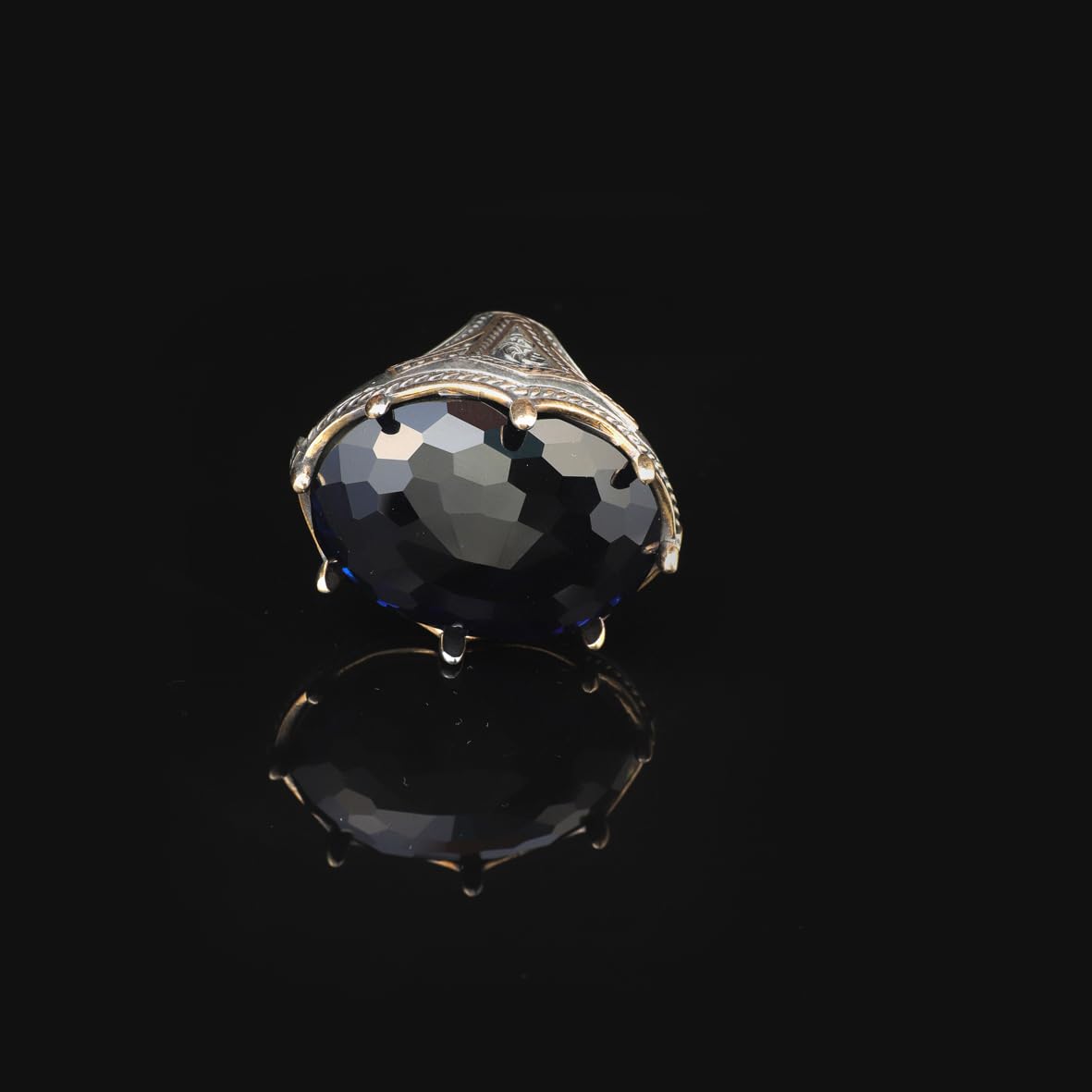 Vintage Men's Handmade Blue Sapphire Ring - Oval Gemstone Ottoman Style Large Sterling Silver Ring with Silver Polishing Cloth Gift