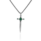 Sterling Silver Sword Necklace with Emerald Gemstone – Polished Biker Pendant on Silver Chain — image 1