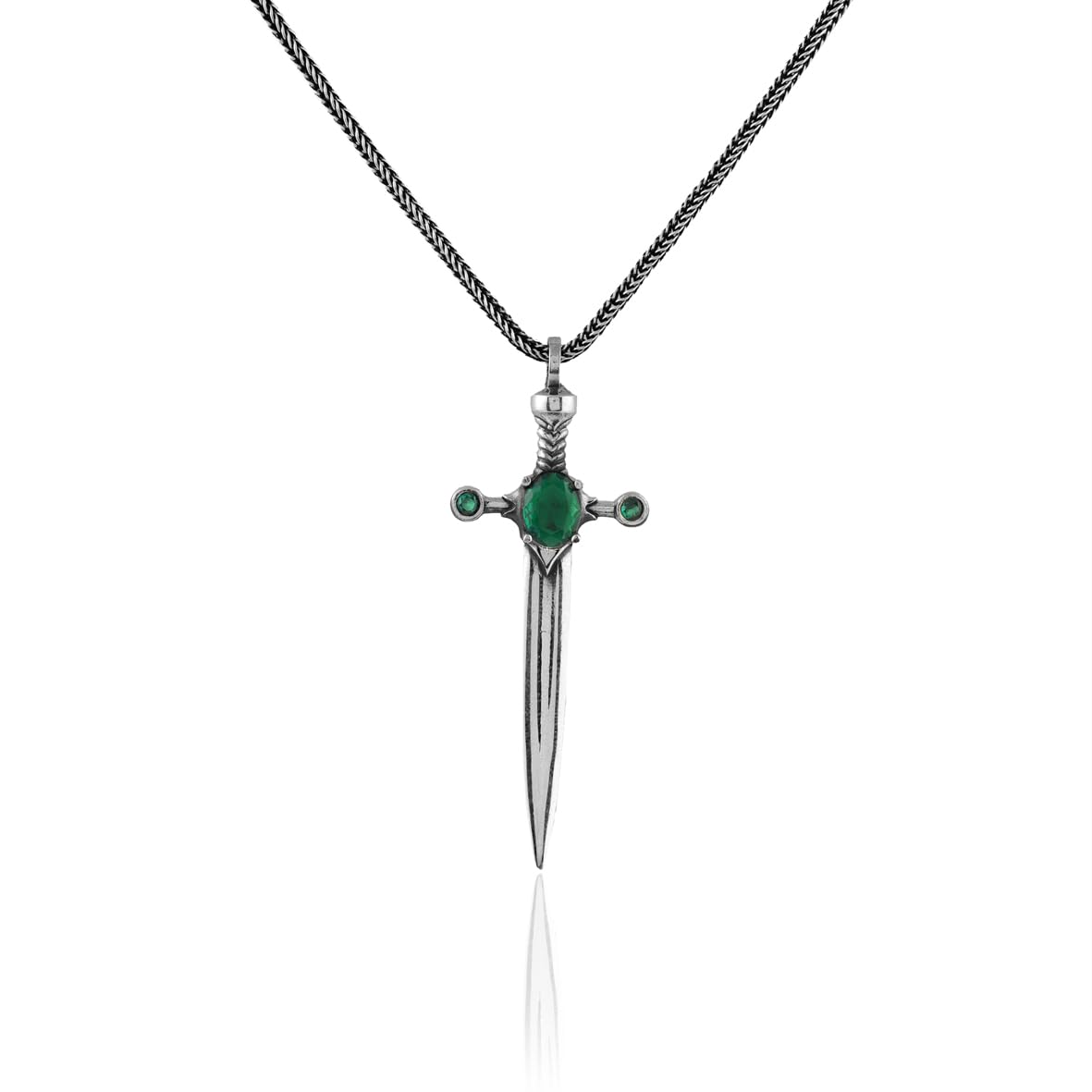Sterling Silver Sword Necklace with Emerald Gemstone – Polished Biker Pendant on Silver Chain