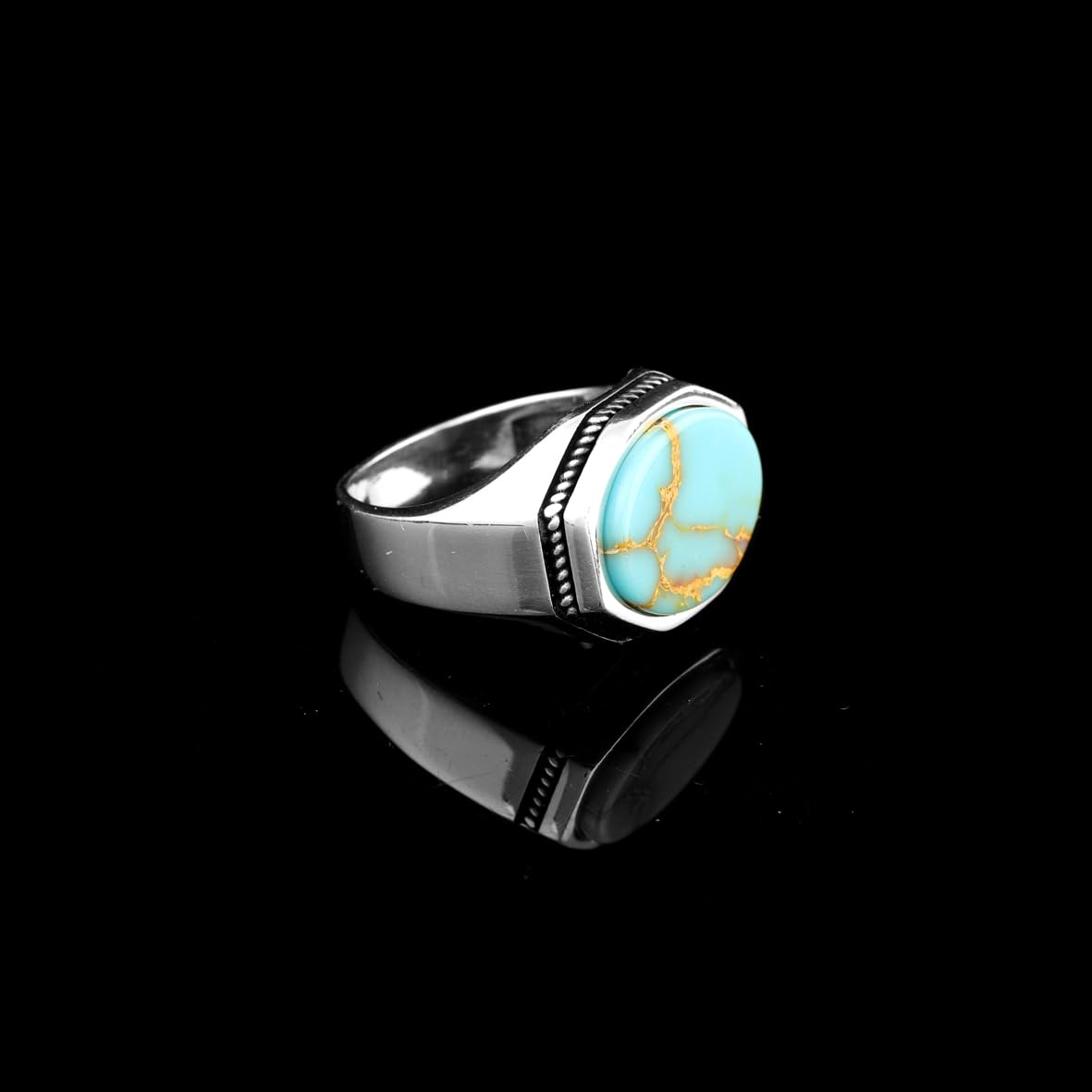 Mens Turquoise Pinky Signet Ring – Handmade Vintage Gemstone Sterling Silver Ring with Custom Engraving – Engagement Rings for Men + Gift Silver Polishing Cloth