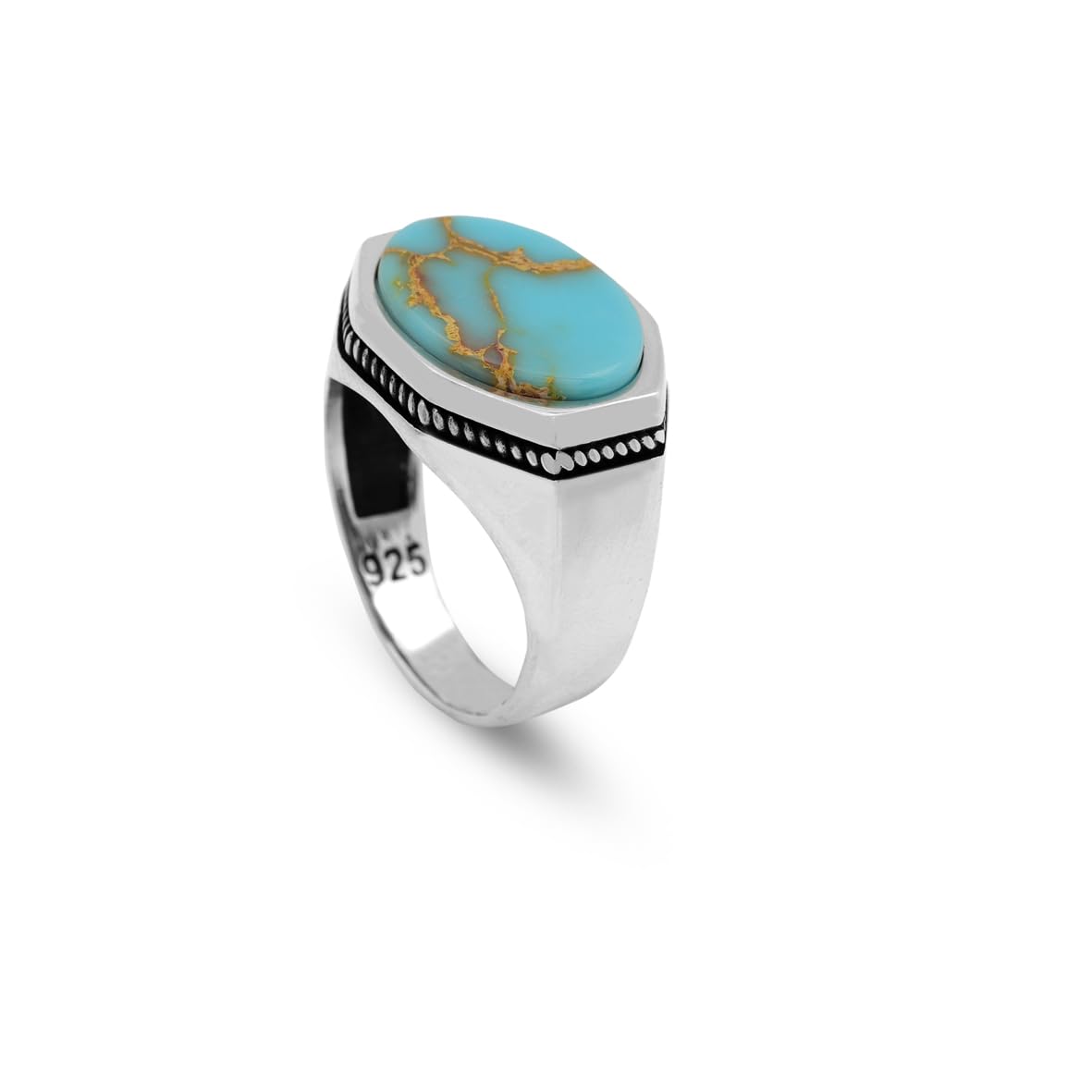 Mens Turquoise Pinky Signet Ring – Handmade Vintage Gemstone Sterling Silver Ring with Custom Engraving – Engagement Rings for Men + Gift Silver Polishing Cloth