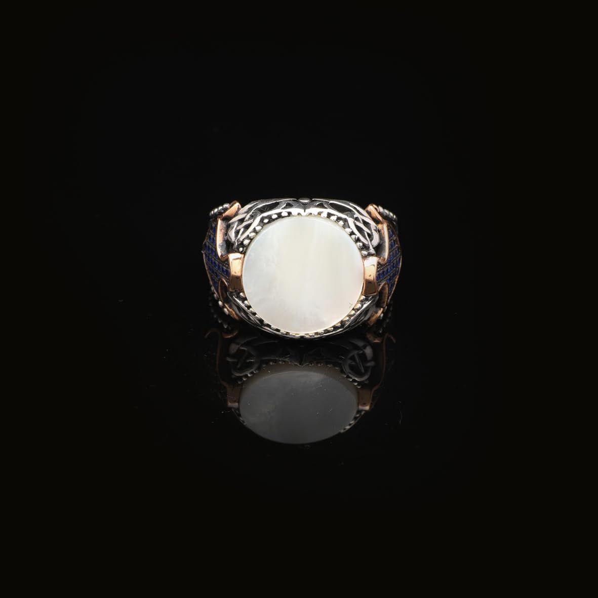 Vintage Mother of Pearl Signet Ring with Micro Sapphire Stone - 925 Sterling Silver Men's Gemstone Ring