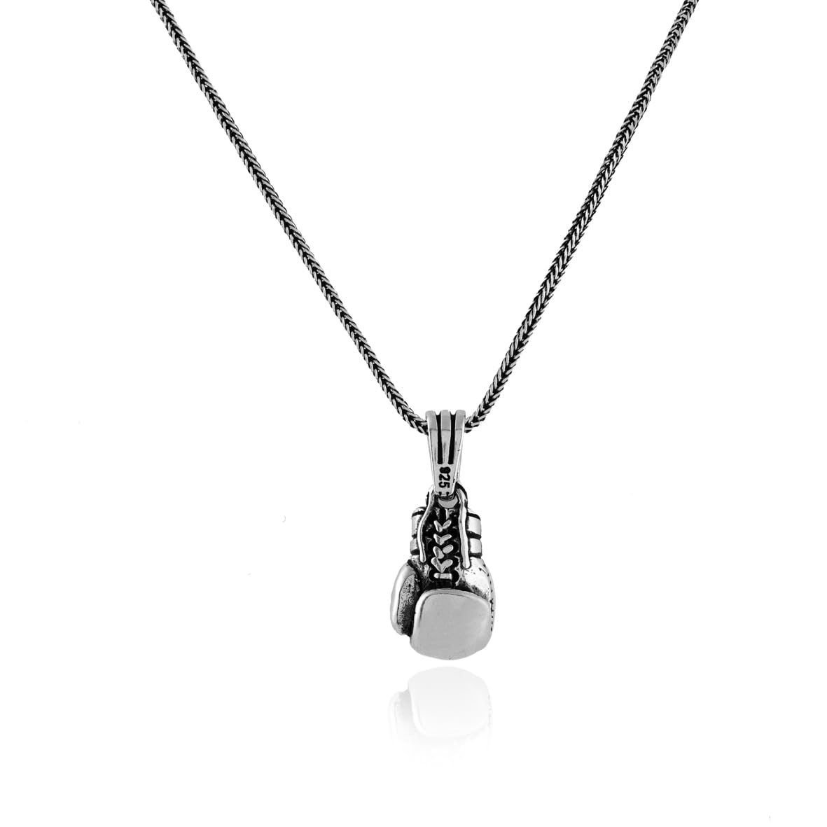 Boxing Glove Necklace - Polished Sterling Silver Mens Pendant - Silver Chain Gothic Biker Necklace + Silver Cleaning Cloth Gift