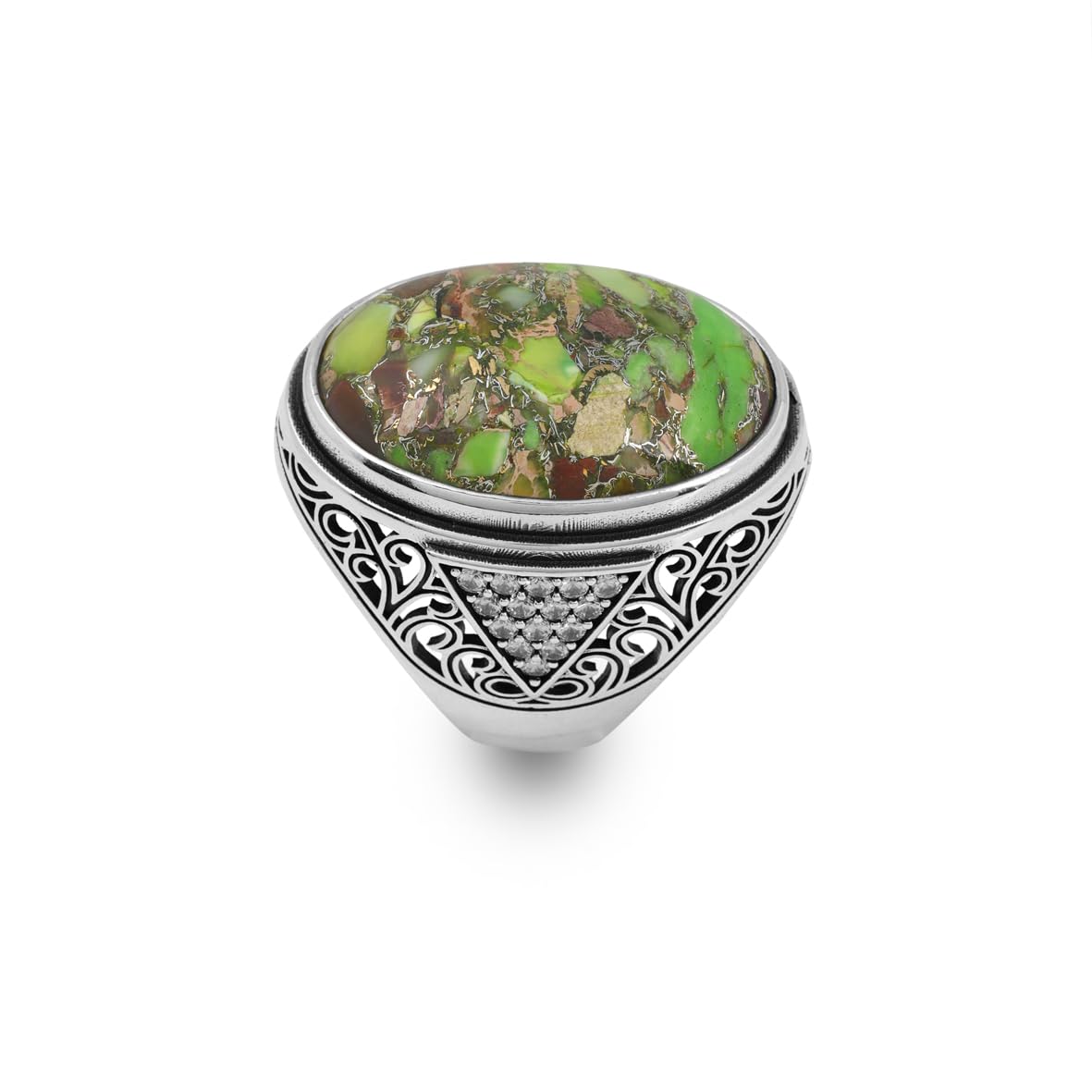 Sterling Silver Mens Turquoise Ring – Large Chunky Ring with Micro Sapphire Stone