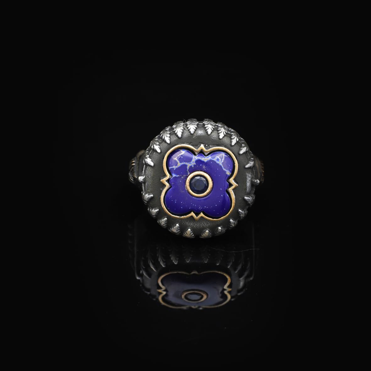 Lapis Lazuli and Black Onyx Knife Ring - Vintage Handmade 925 Sterling Silver Men's Ring with Micro Stone Accents and Silver Polishing Cloth Gift