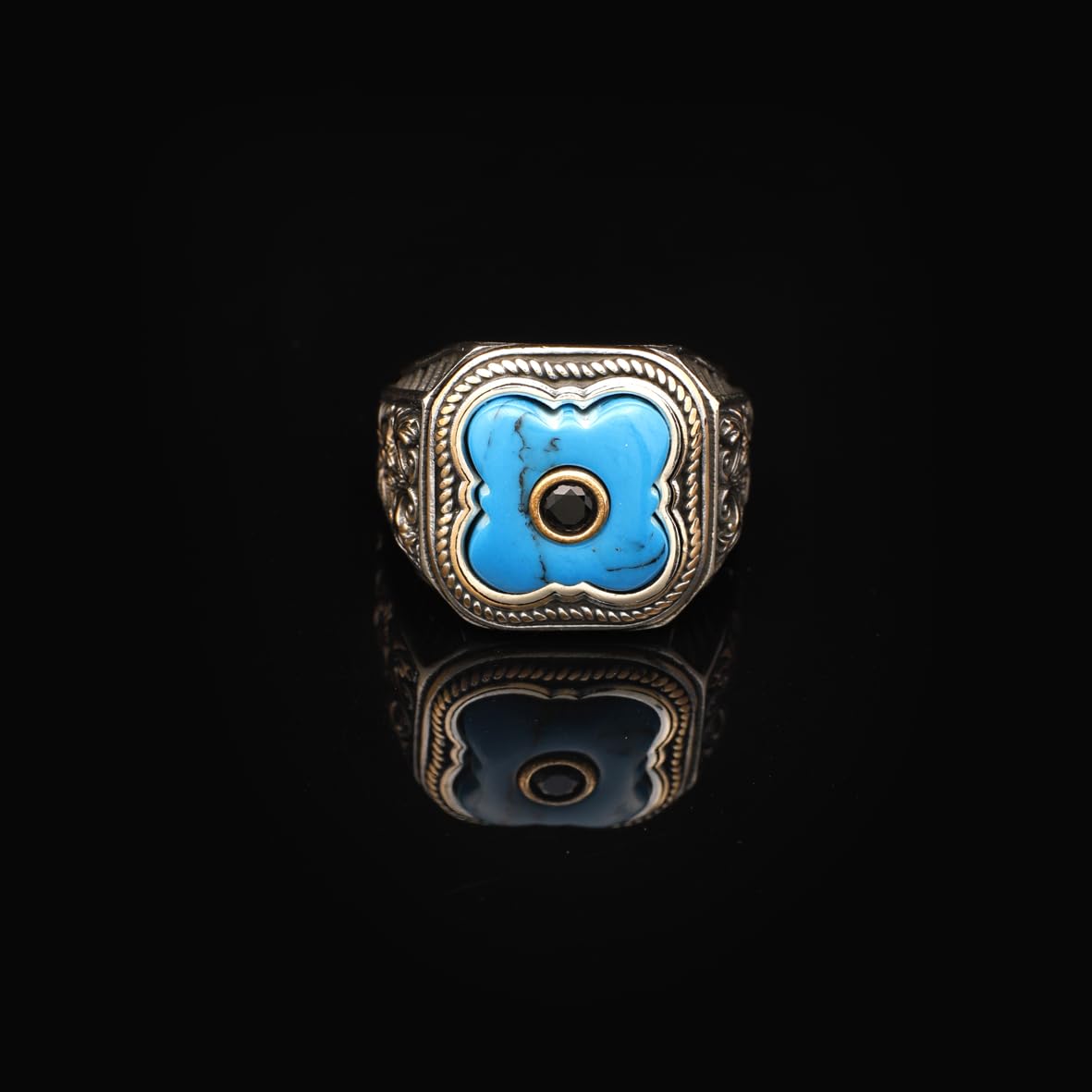 Genuine Turquoise Mens Ring with Black Onyx - Vintage Handmade 925 Sterling Silver Gemstone Ring for Men - Micro Stone Detailing - Includes Silver Polishing Cloth Gift