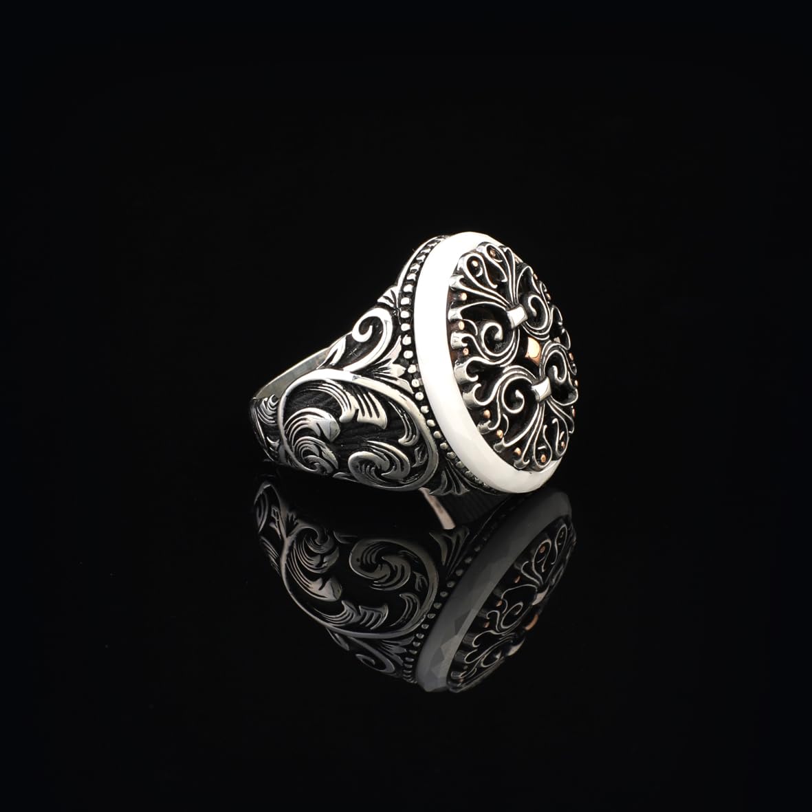 Handmade Mother of Pearl Pinky Ring - Vintage Ottoman Style Sterling Silver Engagement Ring for Men with Custom Engraving & Gift Silver Polishing Cloth