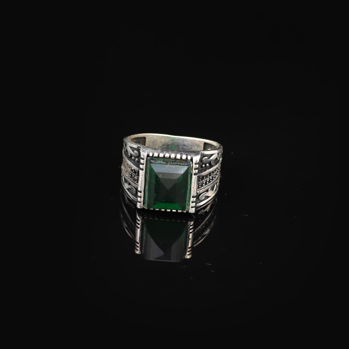 Handmade Jade Gemstone Square Stone Pinky Ring for Men Vintage 925 Sterling Silver