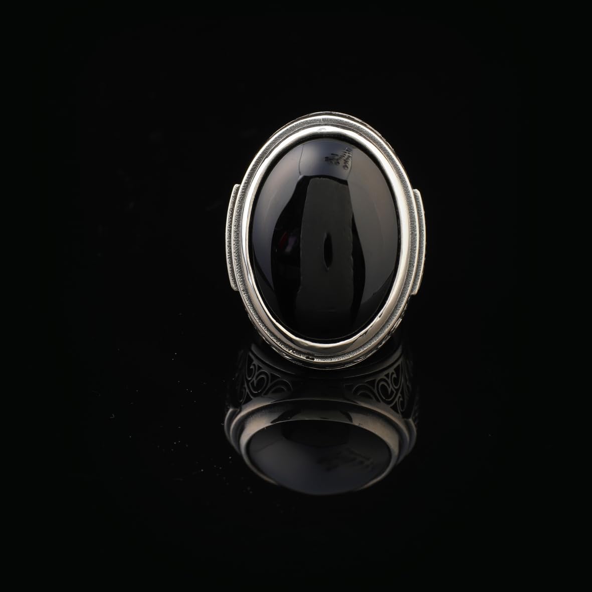 Mens Black Onyx Ring – Chunky Sterling Silver Ring with Micro Sapphire