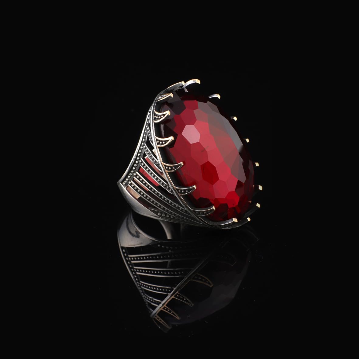 Vintage Garnet Ring for Men - Chunky Sterling Silver Ring with Gemstone